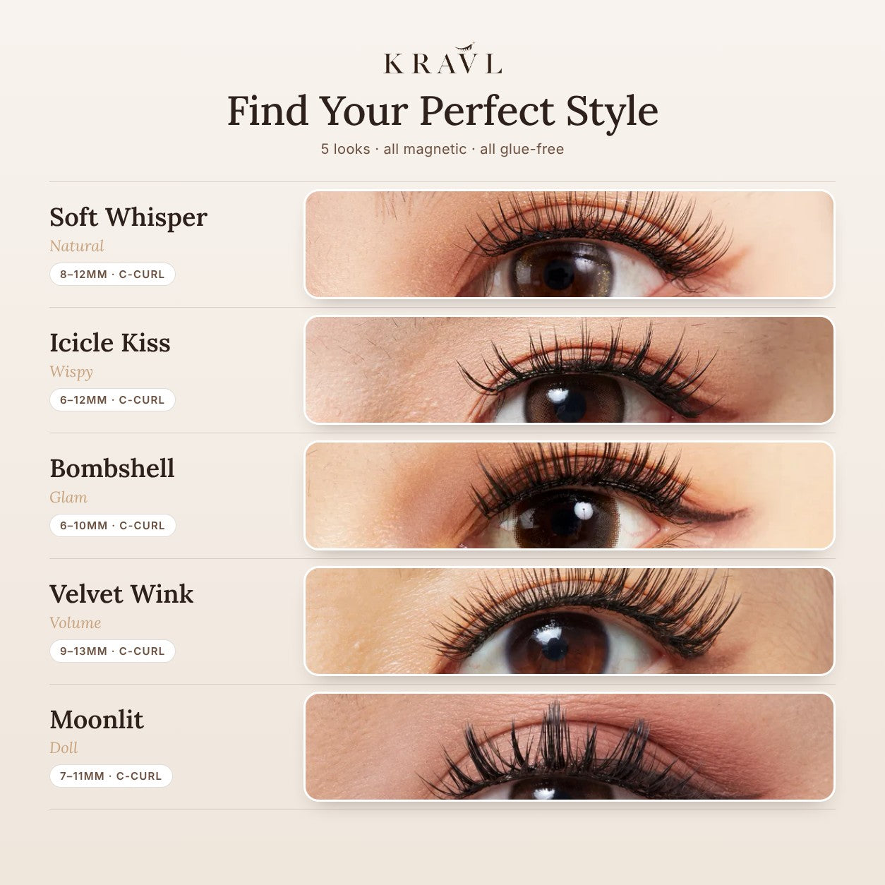 KRAVL lash style chart — 5 styles